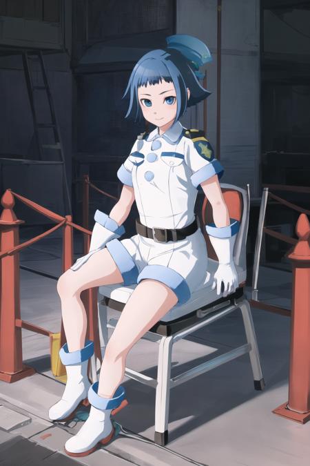 masterpiece, best quality, ultra-detailed, Sawai Riko, short hair, blue hair, blue eyes, white shirt, uniform, 3 blue buttons, police hat, white gloves, black belt, white gloves, 1girl, solo, ((sitting on chair)), white boots, white shorts