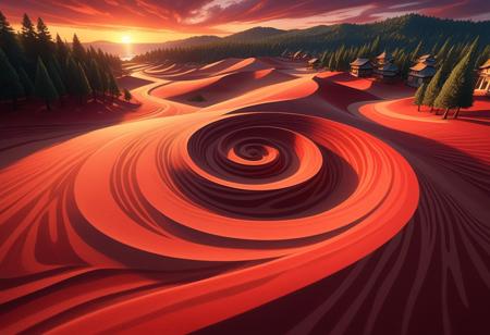 sandswirl, swirling sand, score_9, score_8_up, score_7_up , colorful , sunset, (red sky:1.1), swirling sand road, pine trees, local road, golden hour lighting, Photo realistic, Natural atmospheric lighting, intricate details, 35mm photograph, film, professional, 32k visuals, highly detailed, (swirling sand village:1.2), close up.