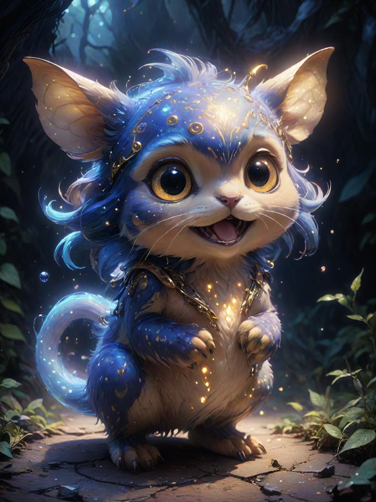 A blue kitten with yellow eyes and a gold crown on its head.