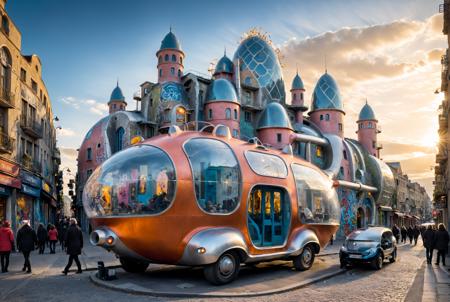 Dali style Futurist style Surrealist style Surrealist art (finely intricate details:1.4)  (ultra high resolution:1.2), 8k,  Canon eos 5d mark 4,   (very high resolution). (volumetric lighting) a futuristic distopic dictatorial town pig,  national geographic photo of  (a traditional architecture (light bulb:0.2) futuristic with (wonderful fresco graffiti:0.8) town centre:1.5),(homeless people walking in the street:1.3) , (shop:1.1), (the buildings are weathered:0.5).  (futuristics electric atomic vehicles:1.5 )in the streets. (garden:0.05) , (various colors). intricate, detailed, dreamlike, mysterious <lora:xl_more_art-full_v1:1>  <lora:Surreal Harmony:0.8> Surreal Harmony . dreamlike, irrational, unexpected juxtapositions, highly detailed . dynamic, technology, speed, highly detailed . Surrealist, dreamlike, bizarre, symbolic, "realistic