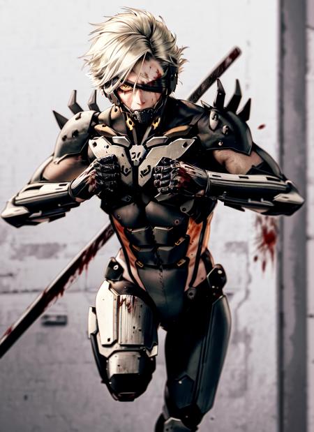 1boy, athletic, muscular, sxz-mgr-v1-4000 holding sword, running through military base, angry smirk, dynamic pose, covered in blood, one-eyed, (detailed background), military base, (lens distortion:0,7), (chromatic aberration:0.7), (fim grain:0.7), intricate