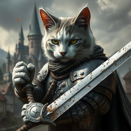 Ultra realistic. white grey brown cat with a damaged knight shite armor holding a long sword, tired, bruises, dusty, mud, shining eyes, protecting a town, background castle