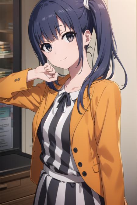 midori imai, long hair, black hair, blue hair, (black eyes:1.3), side ponytail, dress, pantyhose, striped dress, jacket, orange jacket,