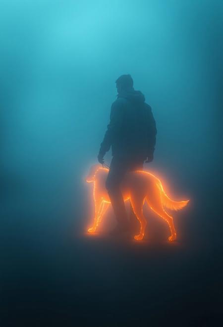 A glowing silhouette of a dog made of light walking beside a human in a foggy dreamscape, surreal emotional atmosphere, glowing fog, symbolic visual style, mystical and ethereal lighting