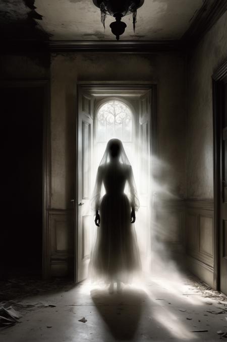 A photorealistic sketch captured on analog film grain, illustrating a translucent and eerie ghost person hovering in a dimly lit, abandoned Victorian mansion, with shadows casting an unsettling ambiance, in the style of Gothic horror, reflecting a sense of terror and mystery