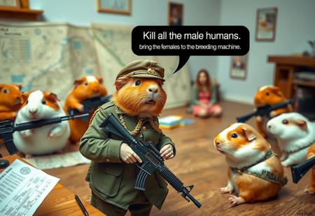 The photo depicts an unusual and humorous scene of guinea pigs dressed as soldiers with rifles, they are staging an invasion. The setting is a military planning room, complete with maps and strategic planning materials. Several guinea pigs are standing around, looking serious and determined. At the forefront is the guinea pig general, distinguished by a general uniform and a commanding evil presence. A text bubble emanates from the commander, declaring, "Kill all the male humans, bring the females to the breeding machine." The image captures a whimsical, yet eerie atmosphere of an imagined guinea pig takeover, in the back ground a captured human woman can be seen sitting on the floor she is bound and being held hostage