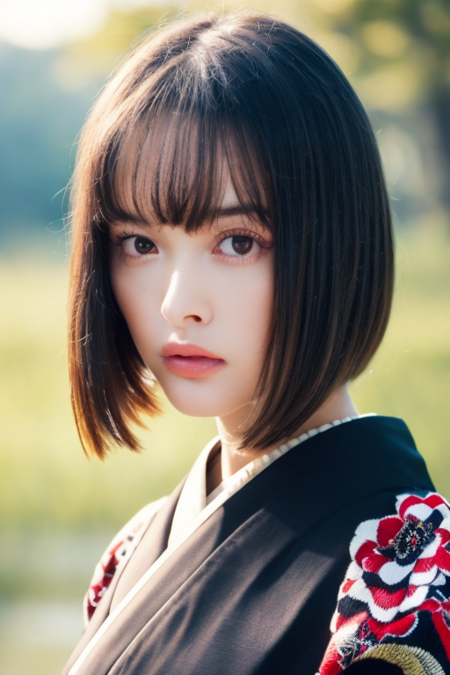 1girl wearing a black kimono, at a japanese village,(RAW photo, best quality), (realistic, photo-realistic:1.4), masterpiece, an extremely delicate and beautiful, extremely detailed, 2k wallpaper, Amazing, finely detail, extremely detailed CG unity 8k wallpaper, ultra-detailed, highres, soft light, beautiful detailed girl, extremely detailed eyes and face, beautiful detailed nose, beautiful detailed eyes,perfect anatomy,soft light,slender body,standing,sunset light,(black long hair)