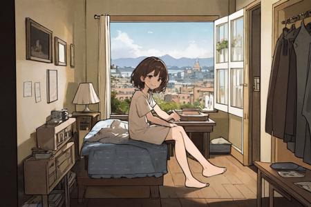 (photorealistic:1.0), (woman:1.2),unity 8k wall paper,(ultra-detailed, highres, magnificent view:1.15),soft color, (very close to viewer:1.0), (brown hair, brown eyes:0.9),house, my room,, smile, keen up, holding keen, sitting, magnificient view, 