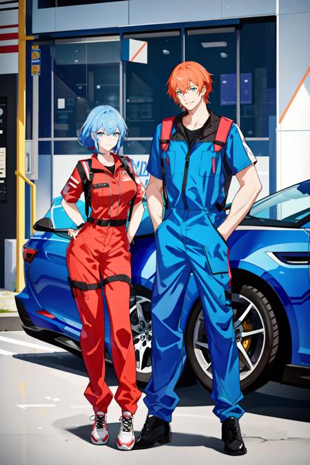 masterpiece, best quality, 2others, couple, 1man with 1woman, Height difference, happy, love, jumpsuit, car repair shop, different color hair