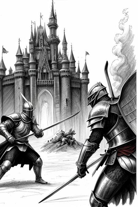 Pencil sketch, intricately detailed, rich shadows, highest resolution, highest quality, 8k UHD, 
best perfect realistic HD ultra HD 4k clear and detailed image, battle knights with a large and fearful fire dragon, nearby castle, weapons swords, crossbows, bows, detailed visualizations of knights, dragon and landscape, detailed depiction of their faces and weapons and armor, and o ...