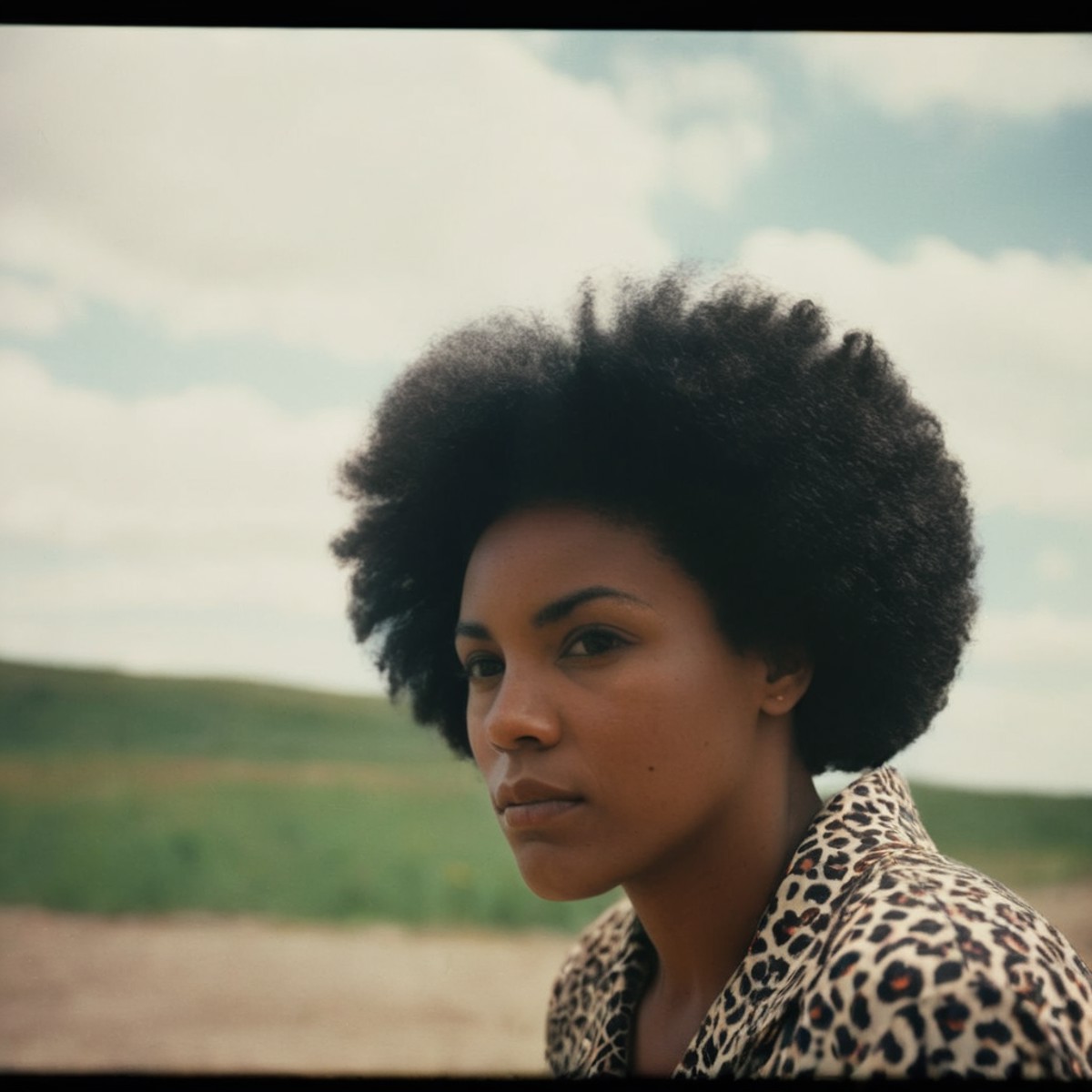 analog film photo of  <lora:Film Stock Footage Style:1>
High angle Medium shot of a black woman staring at camera Kodak Ek...