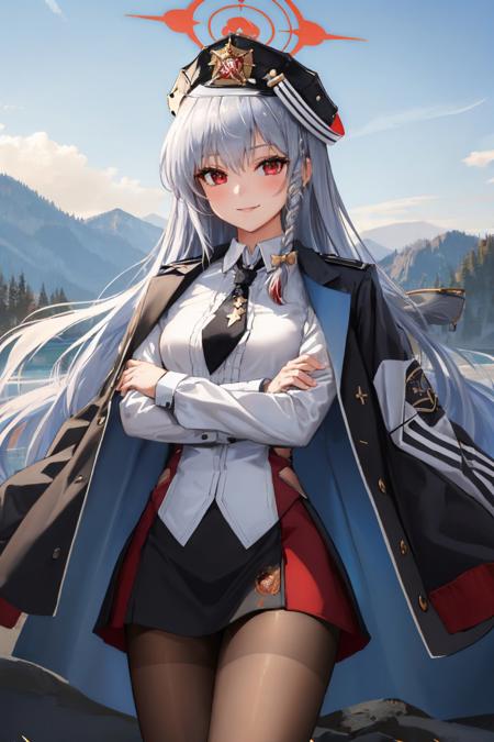 (masterpiece, best quality:1.2), cowboy shot, solo, 1girl, harunadef, smile, looking at viewer, crossed arms, braid, hat, halo, black jacket, jacket on shoulders, white shirt, necktie, long sleeves, black skirt, pantyhose, single wing <lora:bluearchive_haruna:1.0>