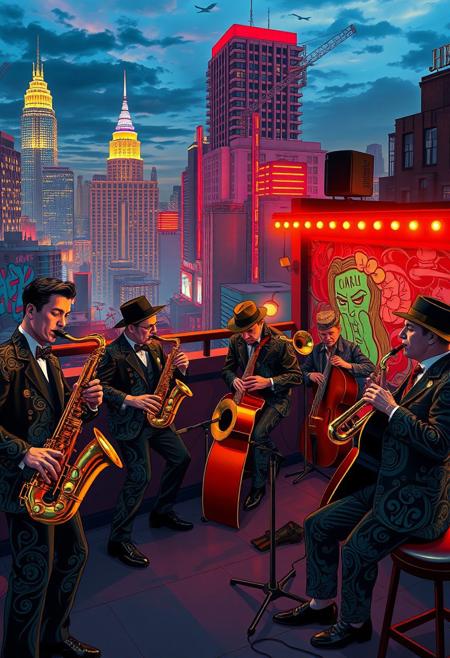 Retro Rooftop Jazz Club: A vibrant rooftop jazz club scene set in a photorealistic, neon-lit cityscape. Musicians play saxophones, trumpets, and guitars, with intricate Art Nouveau patterns on their clothing. The city's Art Deco skyscrapers form a stunning backdrop, with graffiti-style murals on the walls behind the band. Each instrument and player is rendered in a mix of realistic detail and bold, pop art strokes, capturing the lively ambiance and the joy of music in the heart of the city.