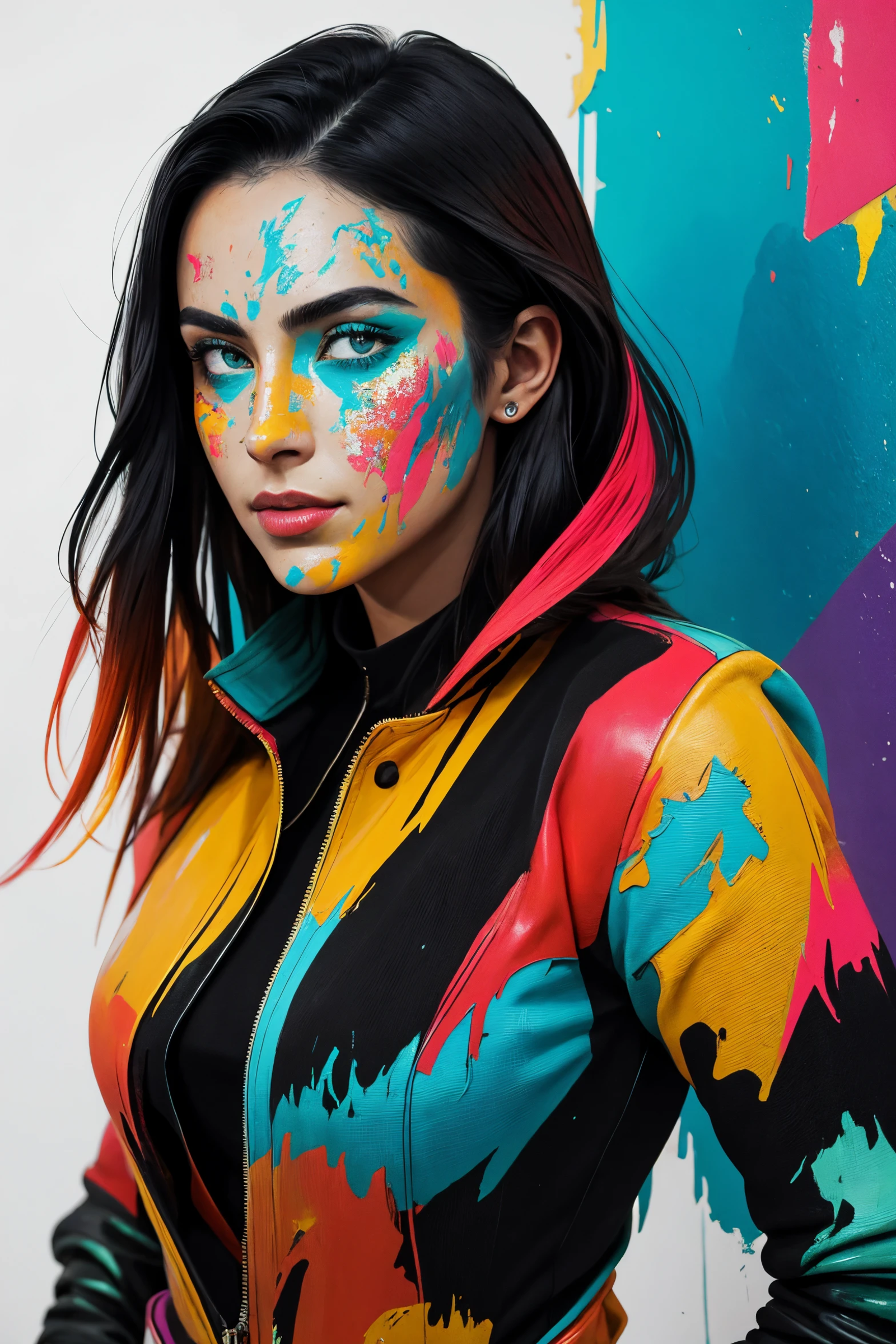 a stunning woman, art of brut style, characteized by bright and bold colors, thick textured paint, intense black strokes, ...
