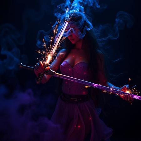 Best quality, slow motion, dark Bioluminescence  translucent body, archaea/sorceress imbues sword with sparks of energy. Dark swirls of blue and purple smoke flow down and envelope her.