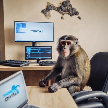 ▲ Close to: 
Room of bad maintenance programmer programming computing, sitting dumb monkey, sign of "CIVITAI" word, computer, poor quality of material, 