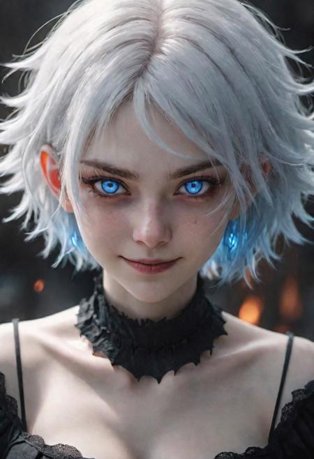 (masterpiece), 
1girl,
evil, demonic, 
dark ambiant,
white hair, blue eyes, floating hair, short hair,
upper body shot, 
HDR, highly detailed, 32k, 
(evil smiling) mood, 
perfect face feature,