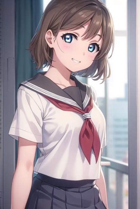 youwatanabe, <lora:you watanabe s2-lora-nochekaiser:1>,
you watanabe, short hair, blue eyes, brown hair, smile, grin,
BREAK skirt, school uniform, short sleeves, pleated skirt, serafuku, socks, neckerchief, kneehighs, black socks, (red neckerchief:1.2), grey skirt, uranohoshi school uniform,
BREAK indoors, classroom,
BREAK looking at viewer, (cowboy shot:1.5),
BREAK <lyco:GoodHands-beta2:1>, (masterpiece:1.2), best quality, high resolution, unity 8k wallpaper, (illustration:0.8), (beautiful detailed eyes:1.6), extremely detailed face, perfect lighting, extremely detailed CG, (perfect hands, perfect anatomy),