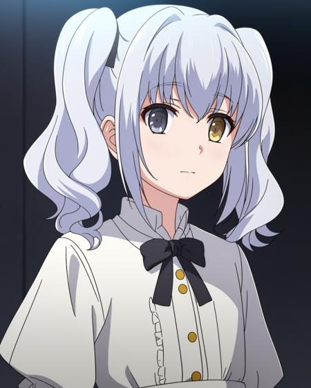 ((masterpiece)), (( best quality)), 1girl, solo, (twintails), white hair, (grey eyes), (heterochromia), (yellow eyes), dress, looking at viewer, <lora:NephrenV2:0.7>, upper body, white background,