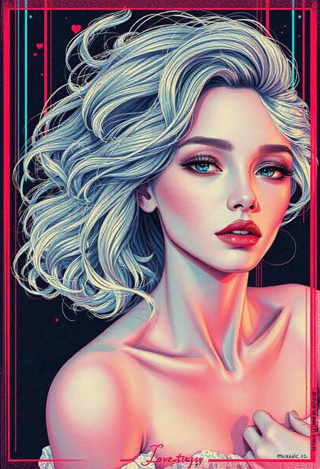 high quality design aesthetics, synth pop, detailed, pop album cover, beautiful young white woman, artist name "Musaic", album title "Love Story"