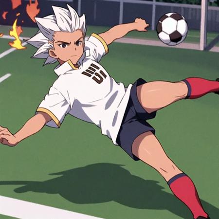 best quality,masterpiece,8k quality,best pixels,<lora:Axel Blaze:0.7>,1boy,mature_man,Axel Blaze,(white hair),soccer field,facing away from the goal,fire on goal,open eyes,hands in air