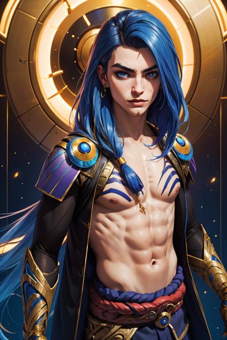 (masterpiece, best quality:1.2), intricate details, <lora:odyssey_kaynV2-000014:1>, odyssey shadow assassin, 1boy, male focus, long hair, topless male, blue skin, belt