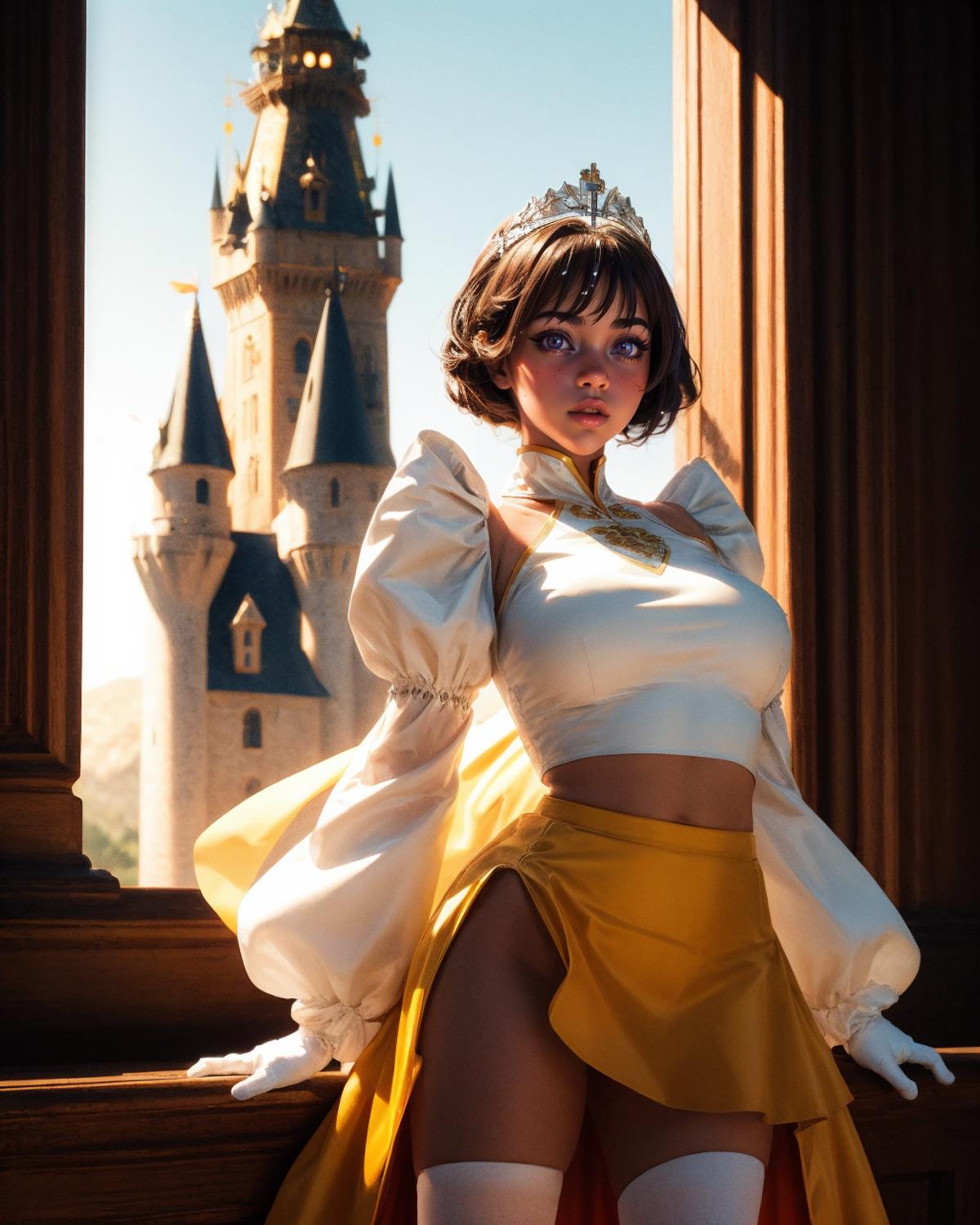 A woman wearing a white and yellow dress in front of a castle.