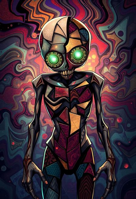 A hyper-stylized anime zombie, blending the opulent, geometric patterns of Art Deco with the fragmented, multi-angled forms of Cubism. The zombie's body is broken into multiple, overlapping planes, with each fragment rendered in bold, Cubist shapes and Art Deco-inspired patterns. The skin is a mosaic of geometric tiles, with each tile featuring a different Art Deco motif, from chevrons to zigzags. The eyes are two gleaming, gemstone-like orbs, surrounded by intricate, Art Deco-inspired filigree. The background is a swirling, Cubist-inspired vortex of colors and patterns, with Art Deco motifs woven throughout. The overall effect is one of eerie, unsettling glamour, as if the viewer is gazing into a fractured, nightmarish world. The zombie's limbs are depicted in a stylized, fragmented manner, with each joint rendered as a separate, geometric shape, adding to the sense of disjointed, Cubist chaos. highest-Quality, intricate details, visually stunning, Masterpiece
