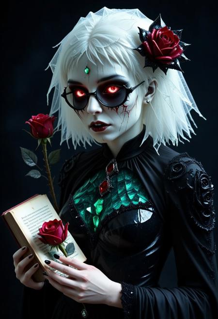 1girl, magical, mysterius, semi_realistic, rp_slgd, detailed face, emo makeup, emo short hairs, veil, black wedding dress made out of  malachite crystal, , glasses made out of ruby shards,  vampire fangs, , flower accesory made out of geoda 
biolumen,hair accesory, single rose flower, ruby crystal rose, the  sharp edges of the petals glow eerily white, holding book made out of  scrimshaw,  black glass  background, dim light, intricate details, horror theme, cementary, detailed background, black_theme, matte_color, flat color, reij-blckprlglss, aidmaImageUpgrader