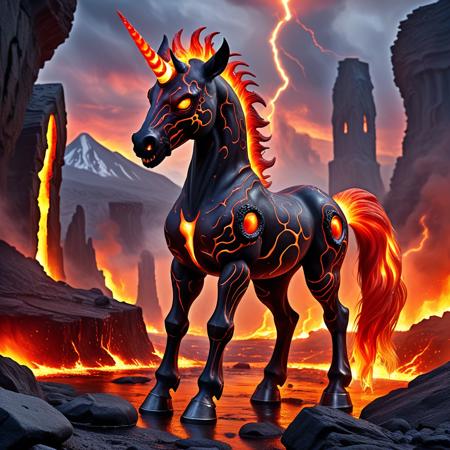 Watercolor painting <lora:420Futurism:0.7> 420futurism, cute futuristic pony, ultra-realistic, full-body shot of a demonic pony, towering with obsidian-black skeletal armor fused with molten veins of liquid fire, glowing crimson eyes radiating malevolent energy, massive jagged horns crackling with infernal lightning, standing on the brimstone edge of a lava-filled abyss, rivers of molten magma flowing beneath its hooves, volcanic eruptions illuminating the sky with apocalyptic red and orange hues, masterpiece, highly detailed, ultra resolution, hellish smoke swirling in the air, burning sigils carved into stone pillars, twisted demonic creatures lurking in the flames, deep cinematic lighting casting ominous shadows, looking at the viewer with an eerie smirk, heat waves distorting the surroundings, ember sparks drifting through the air, scorched metal chains hanging from jagged rock formations. . Vibrant, beautiful, painterly, detailed, textural, artistic