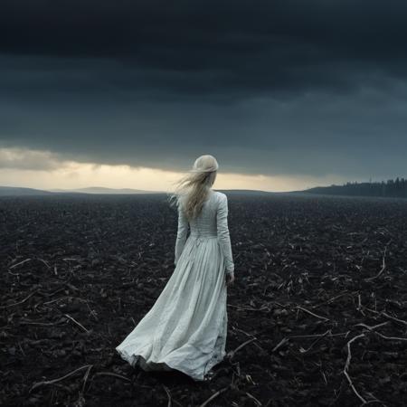 artistic and creative, beautiful shining white woman in the dark fields of devoured men, perfect composition, cinematic lighting, goosebumps atmosphere, dark dystopion scenery, the feeling of fear and melancholy, post-humankind, mixed style by Marc Simonetti and Kay Nielsen and Alessio Albi and Vladimir Manyukhin and Sung Cho, incredible masterwork by head of prompt engineering  <lora:add-detail-xl:1>  <lora:xl_more_art-full_v1:0.5>