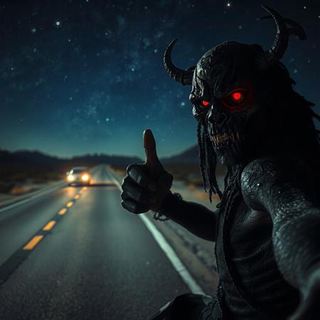 A horror movie scene as a demonic skinwalker hitchhikes on a desert road at night with stars in the scenic night desert sky as a car approaches in the distant background. The skinwalker stares at viewer as he holds his thumb up to hitchhike, his eyes glowing an errie red in the dark night.