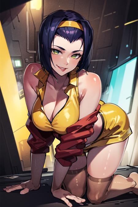 ((masterpiece,best quality, detailed)), deep shadows, hard rim lighting, dramatic lighting, sharp focus, looking at viewer, ambient light,
cockpit, space, (all fours), (science fiction), seductive smile, leaning forward, hanging breasts, clothes pull,
<lora:FayeValentineV2:0.75>, faye valentine, yellow shirt, yellow shorts, suspenders, thighhighs, red jacket, off shoulder, cleavage