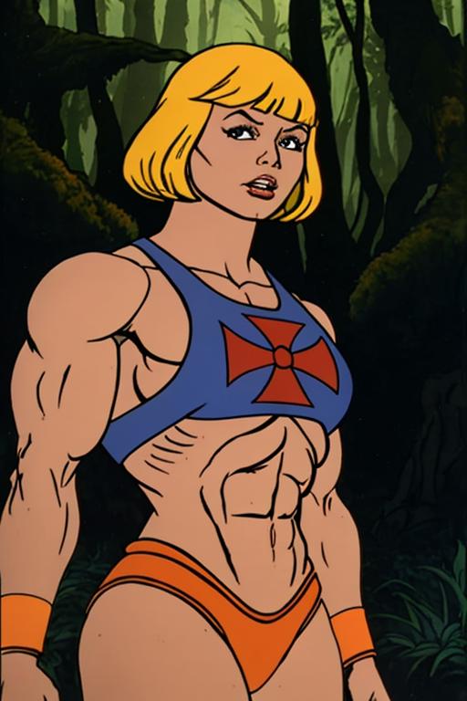A comic book woman with a muscular body and a bow on her shirt.