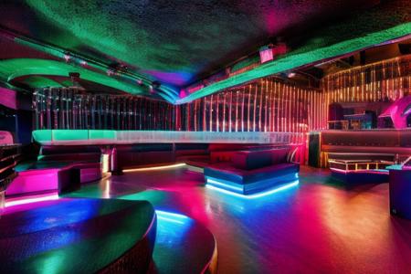 RAW photo,Night Club with neon lights, huge room, (high detailed :1.2), cyberpunk, dslr, soft lighting, high quality, (ultra realistic:1.2), Fujifilm XT3  <lora:OTA-NightClub-RealisticVisionV2.0:1>