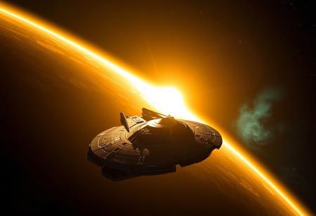 (8k, best quality, masterpiece:1.2), ultra-detailed, Masterpiece, realistic lighting, long-range perspective, maintenance-ring, battle damage starship, beautiful golden lighting as the sun peaks out from behind a planet. its atmosphere creating a beautiful golden crescent shape. some stars should be visible as well as a teal and purple nebula in the distance.