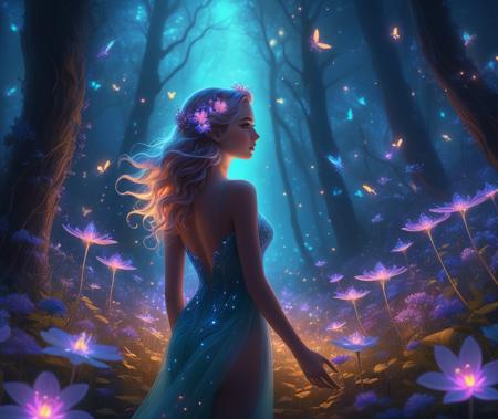 Style-PaintMagic, high quality, 8K Ultra HD, wide shot, (beautiful and sexy Bioluminescent girl with a slim figure:1.2), beautiful flowing Bioluminescent flowers forming a beautiful girl, Bioluminescent hair, full depth of field and realistic textures, hands in hair, arms up, neon, glowing, (fractal art:1.3), night, enchanted forest, flowers, firefly, (detailed background:1.3), wholesome, (rating_explicit), <lora:add-detail-xl:0.8>  <lora:picxReal_10:1>, detailed skin texture, (blush:0.2), (goosebumps:0.3), subsurface scattering, dry skin, fuzzy skin