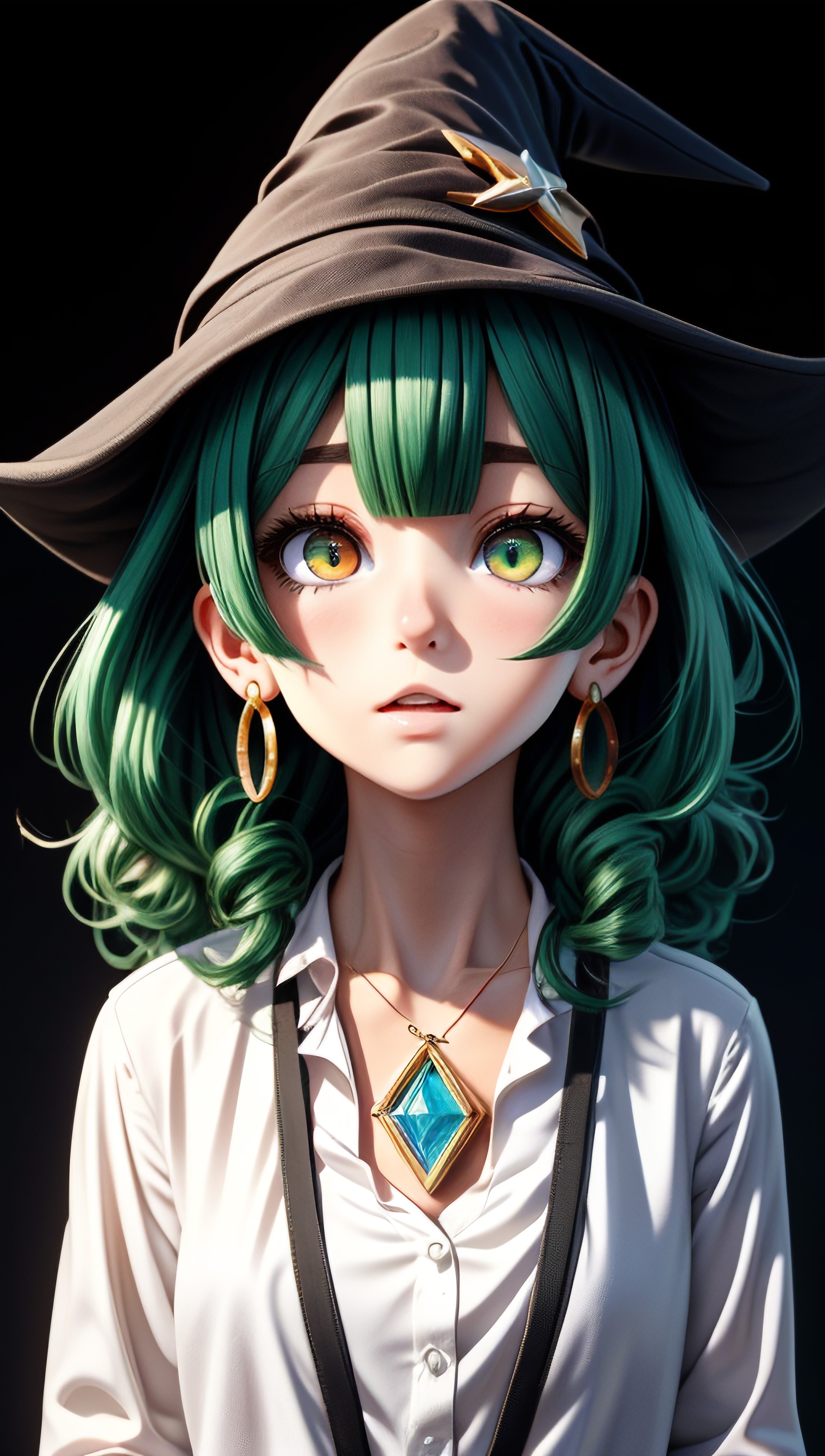 anime, ghibli style, kemono
1girl
jewelry, brooch, green hair, green eyes, looking at viewer, hat, eyeball hat ornament, e...