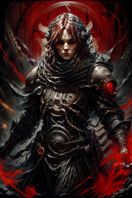 score_9, score_8_up, 8, score_7_up, solo,  
fantasy style, masterpiece, 8k, dynamic pose, 20 y.o, <lora:Fantasy_Classes_SD:1>,

(Dungeons and Dragons) Thorough, analog style, eye focus, highest quality, (highly detailed skin), full body, photo of a exquisitely beautiful,

BREAK
score_9, score_8_up, score_7_up, white hair, dark makeup, goth girl, 1girl, looking at viewer, eye contact, faceing toward the viewer, full body shot, dynamic pose, holding weapon, dynamic pose, in movement, in combat <lora:Zeronis_Style:0.4> zeronis, adeptus mechanicus, red robe, tech priest, mechanical joints <lora:Concept Art DarkSide Style LoRA_Pony XL v6:0.4> concept art, realistic, dark theme, low light, red hood <lora:Adeptus_Mechanicus-000006:0.8>, <lora:rapi-nikke-richy-v1_pdxl:0.8> rapidef, red eyes, brown hair, long hair, bangs,

sharp focus, dappled lighting, (backlighting:0.7), film grain, photographed on a Sony A7R IV, 18mm F/1.7 cine lens, (highly detailed, intricately detailed), 8k, HDR, seductively posing

BREAK
(EyesHD:1.2), (4k,8k,Ultra HD), masterpiece, best quality, ultra-detailed, very aesthetic, sharp focus, depth of field, ray tracing, best lighting, detailed illustration, detailed background, cinematic, 
BREAK 
detailed background, dynamic action image,

BREAK
oil painting, BadDream, negative_hand, NEG_EMBED_STABLE_YOGI_V3, FastNegativeV2, AissistV2
(detailed:1.3), (sharp focus:1.1), medieval style, (expressive face:1.2),,