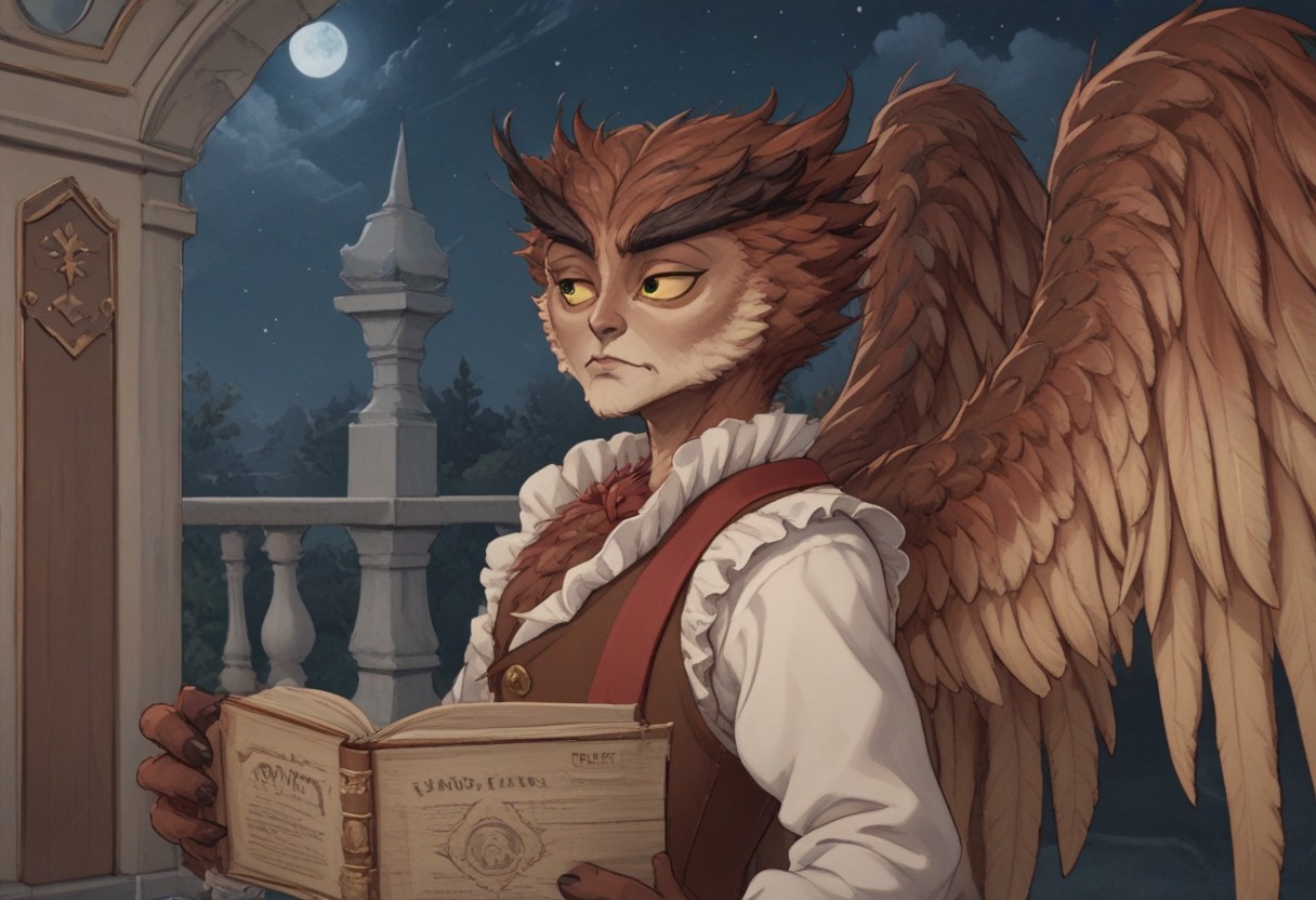 high definition herneval, feathered, wings, 1boy, solo, owl, vest, upper body, standing aside a victorian garden, detailed background, night, stars, yellow sclera, side view, spread wings, sad, book in his hands