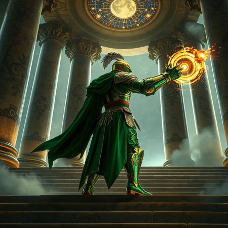 "Dynamic 3D render of a valiant green Valkyrian Knight in ornate armor, standing triumphantly on the ancient marble steps of the Temple of the Mind's Eye. The knight faces right, limbs outstretched in a combat-ready pose, swirling celestial energy emanating from their gauntlets. Head turned sharply left, eyes glowing with determination, intricate armor detailing reflecting golden light. The temple features towering pillars etched with glowing runes, mist swirling at the base, and a starry cosmos visible through shattered rooftop arches. Dramatic low-angle shot with shallow depth of field, unreal Engine 5 realism, octane render textures, and Raphael-style chiaroscuro lighting. Splash ink effects blend with holographic particles, creating a fusion of traditional and cyberpunk aesthetics. 8K resolution, hyper-detailed facial expression, ArtStation trending, golden ratio composition, vibrant emerald and gold palette with chromatic accents."