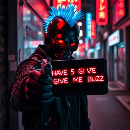 Cyberpunk criminal with glowing blue glass fiber mohawk and black skull mask, glowing red eyes, black leather coat, in cyberpunk street alley, aiming gun at viewer showing futuristic ipad with neon text on it "U HAVE 5S TO GIVE ME UR BUZZ", neon lights, night, wet asphalt
