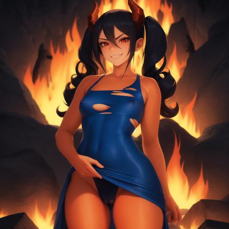 nsfw, hell, inferno, fire, lava, intricate details, masterpiece, absurdres, best quality, ultra-detailed, illustration, sharp focus, natural lighting, vivid colors, realistic proportions, cowboy shot, standing, adult, mature, 1girl, solo, athletic body, blue long hair, curly hair, hair between eyes, twintails, smirk expression, red eyes, blue torn dress:1.4, torn clothes:1.4, horns, orange skin:1.3 <lora:coloredSkinCONCEPT_v219:0.75>