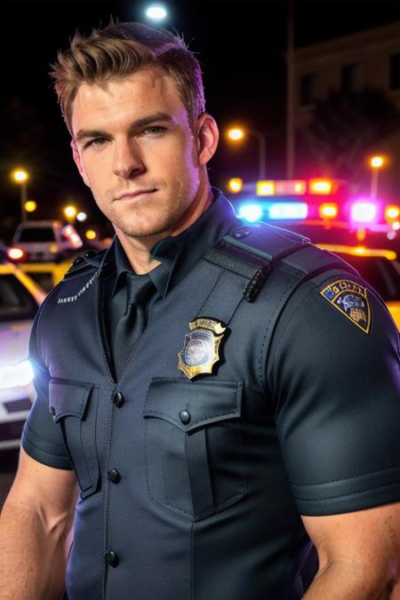 a handsome young man in a police uniform, midnight in the city, cop car in background, bullet proof vest, (close up), (looking at camera) a crooked cop, (candid, amateur), (raw, 8k, uhd, fujifilm xt3),  <lora:alanRitchson:1>