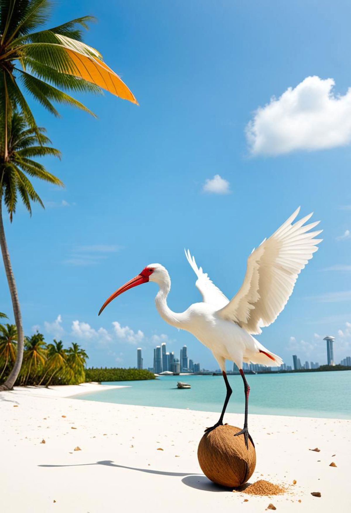 White Bird with Red Beak Standing on Sandy Beach by City Skyline