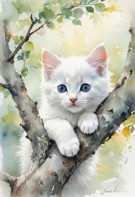 A magical watercolor painting depicting a white kitten hiding in a tree. The gentleness of the scene is depicted through pastel-colored nuances and delicate brush strokes, the background is an idyllic landscape, the poetry of the moment was captured by Seelenfarben in an artistic watercolor painting.