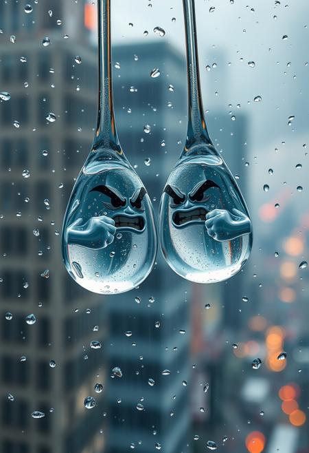 "Hyper-realistic scene: two raindrops, each with a furious expression, plummet towards the ground together, their transparent bodies glistening with refracted light. As they fall, they engage in a fierce battle, their water fists clenched and swinging wildly at each other. The raindrops' faces are contorted in anger, with tiny, beady eyes and scowling brows. The surrounding air is filled with tiny, shimmering droplets of water, and the background is a blurred, impressionistic cityscape. The raindrops' movements are dynamic and chaotic, with tiny ripples and distortions in their surfaces as they collide and rebound. Style: photorealistic, with a focus on capturing the intricate details and textures of the raindrops, and a sense of energy and motion in the scene."