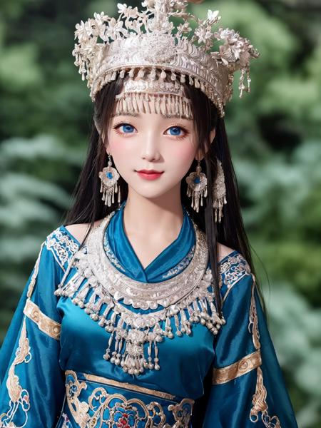 (best quality, masterpiece, 8K, ultra high res, realistic, blue sky, photon mapping, radiosity:1.3), (close-up:1.8), (Beautiful and detailed face and smooth forehead and black long hair and messy hair:1.2), (Extremely detailed 8K chinese long embroidery silk robe and silk long clothes and dress:1.2), 1girl, solo ,(young), looking at viewer, big eyes, earrings, hairpin, necklace, small breasts, slim body, architecture, riverside, forest, arms at sides, smile.Miaozu, clothing, headwear, crown  <lora:Miaozufushi-268:0.7>