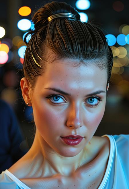 analogue portrait photo clear focus, high resolution image, of a beautiful 25 years Beautiful ((pale skin)), (blue eyes) brunette woman, <lora:Nadine_SDXL:0.8>, ,wearing Futuristic, (Gretchenfrisur hairstyle:1.6),,low light, soft natural light, Rembrandt style light, Hasselblad DLSR camera, 200mm Zeiss lens, f/2.8, ,Sexy pose, erotic pose, exhibitionism ,A vibrant street market with fresh produce and handmade crafts
