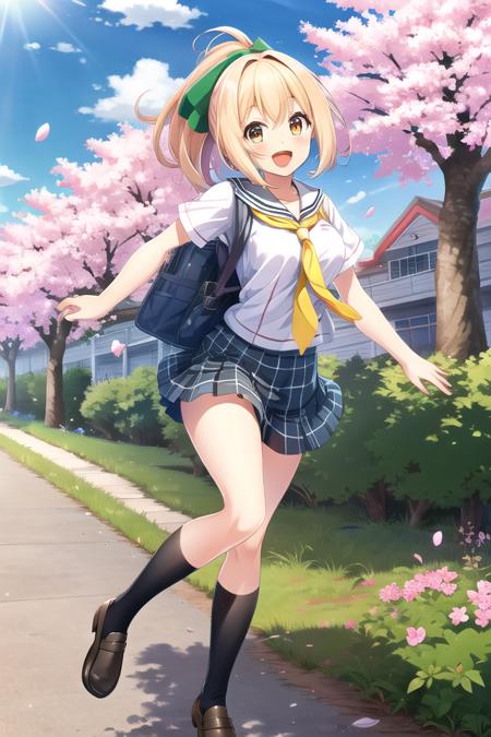 1girl, solo, masterpiece, best quality, absurdres, cute, ultra-detailed, (perfect anatomy, perfect hand), <lora:takanashi_yuzu-000150:0.6>, looking at viewer, smile, open mouth, hair bow, serafuku, yellow necktie, black socks, plaid skirt, ponytail, black socks, loafers, loafers, :d, outdoors, sunlight, standing on one leg, cherry blossoms, green bow, school bag, running, looking back